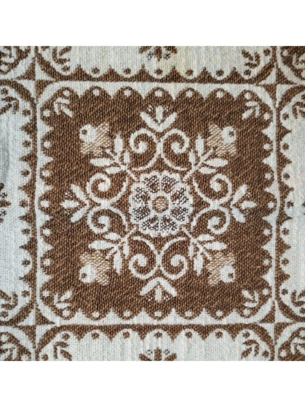 Woven Throw Blanket Brown Cream Rosettes Cotton/Linen Fringed - Made in Austria